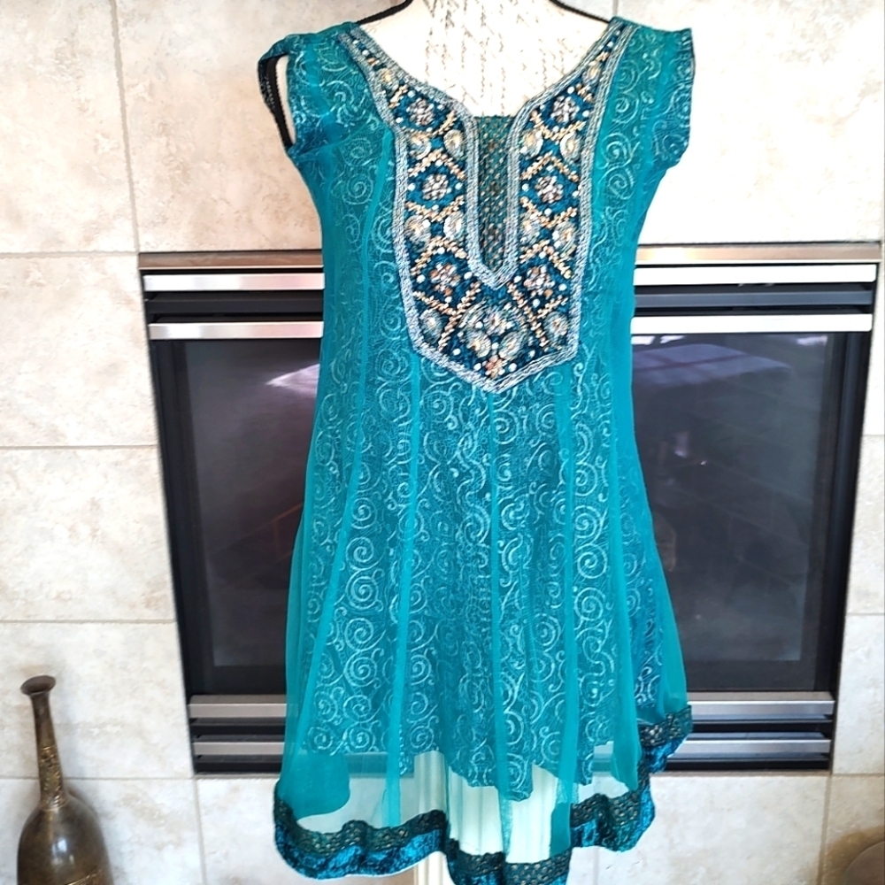 💥3/$20 Darshan Girls Green Beaded Lined Indian Dress Size 30 or Costume!